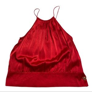 Rory Beca Halter Red Silk Blouse Gathered Hem